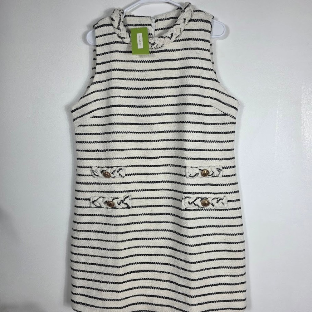 Sleeveless Striped Tweed Shift Dress - White & Black Sise XL